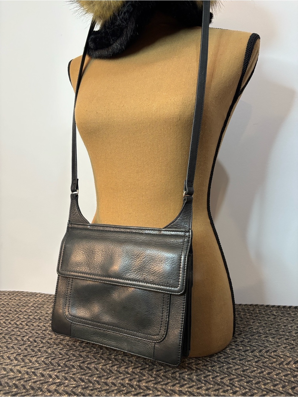 Fossil Black Leather Crossbody Messenger Bag